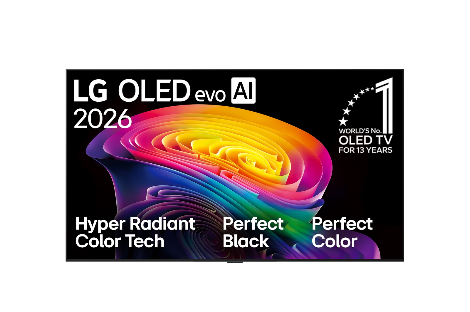 Přední pohled na model LG OLED evo AI C6, který byl uveden na trh v roce 2026, zobrazuje obraz vrstvených, vícebarevných tvarů s technologií Hyper Radiant Color Tech, Perfect Black & Perfect Color a označením „Světová jednička mezi OLED TV již 13 let“.