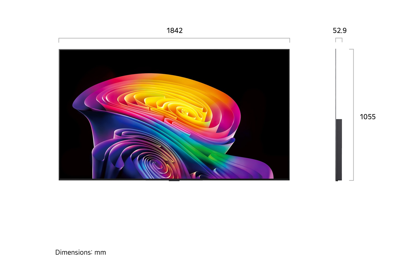 LG OLED evo AI C6 vyobrazený zepředu a z boku vyniká 77" displejem s šířkou obrazovky 1711 mm, celkovou výškou 982 mm a ultratenkým profilem 47,1 mm bez stojanu.