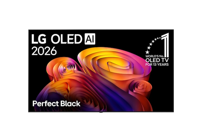 Přední pohled na model LG OLED AI B6E, který byl uveden na trh v roce 2026, zobrazuje obraz vrstvených, vícebarevných tvarů s technologií Perfect Black a označením „Světová jednička mezi OLED TV již 13 let“.