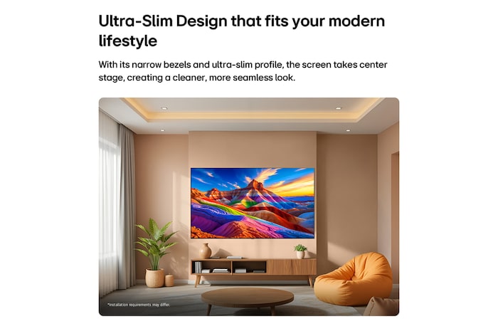 LG OLED AI B6E je instalován na stěně ve stylovém obývacím prostoru. Vyznačuje se ultratenkým designem s úzkými rámečky a na obrazovce zobrazuje krajinu v barvách duhy s vrstvenými horskými útvary.