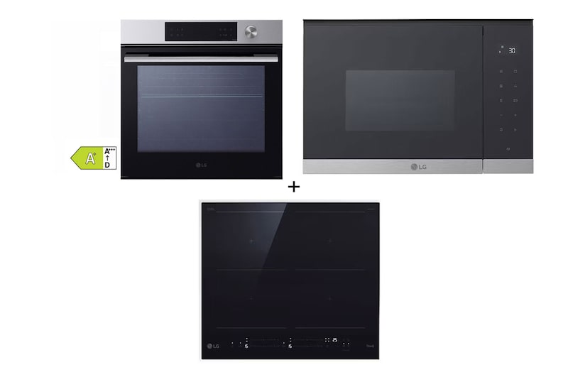 Čelní pohled na SET | Vestavná trouba LG WSED7612S + Vestavná mikrovlnka LG MG7Z2593D + Vestavná indukční deska LG CBIZ2435B BOMISET3