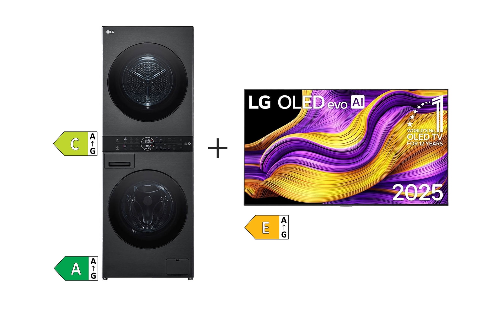 Čelní pohled na SET | LG TV OLED65G55LW + LG WashTower WT1210BBF OLED65G55.WTB