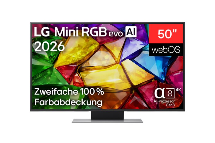 Die Vorderansicht des LG Mini RGB evo AI MRGB85, das 2026 auf den Markt kam, zeigt ein lebendiges, kristallines Bild von scharf definierten mehrfarbigen Facetten mit 75-Zoll-Display, webOS, RGB Primary Color Pro und alpha 8 AI Processor 4K Gen3.