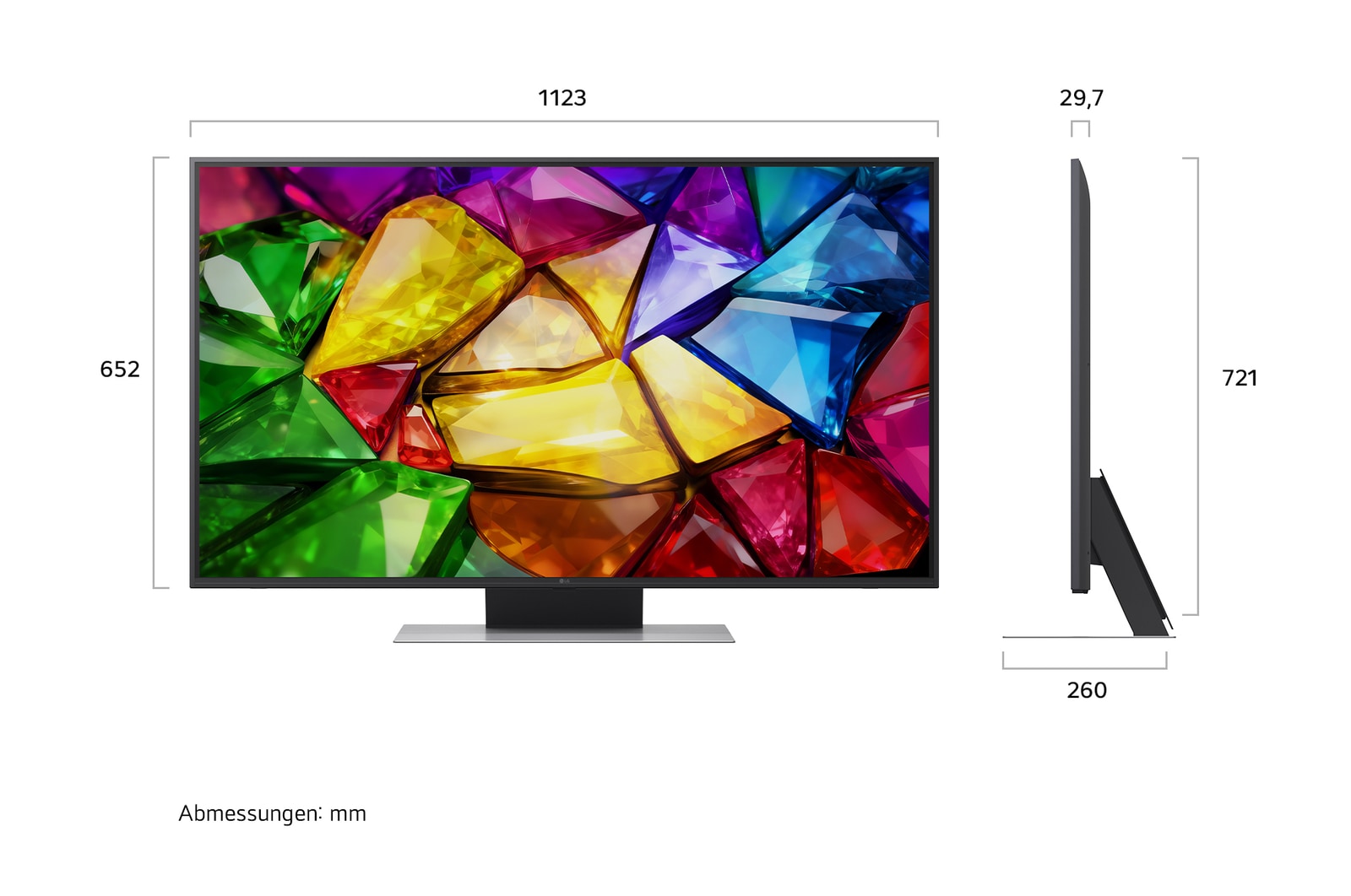 Das LG Mini RGB evo AI MRGB85, gezeigt in Vorder- und Seitenansicht, verfügt über ein 75-Zoll-Display mit einer Bildschirmbreite von 1677 mm, einer Bildschirmhöhe von 966 mm, einer Höhe von 1032 mm mit Standfuß, einer Tiefe von 51,6 mm und einer Standfläche von 1499 x 359 mm.