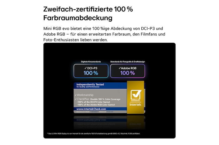 Das LG Mini RGB evo AI MRGB85 mit RGB Primary Color Pro bietet 100 % Farbabdeckung von DCI-P3 und Adobe RGB, zertifiziert von Intertek.