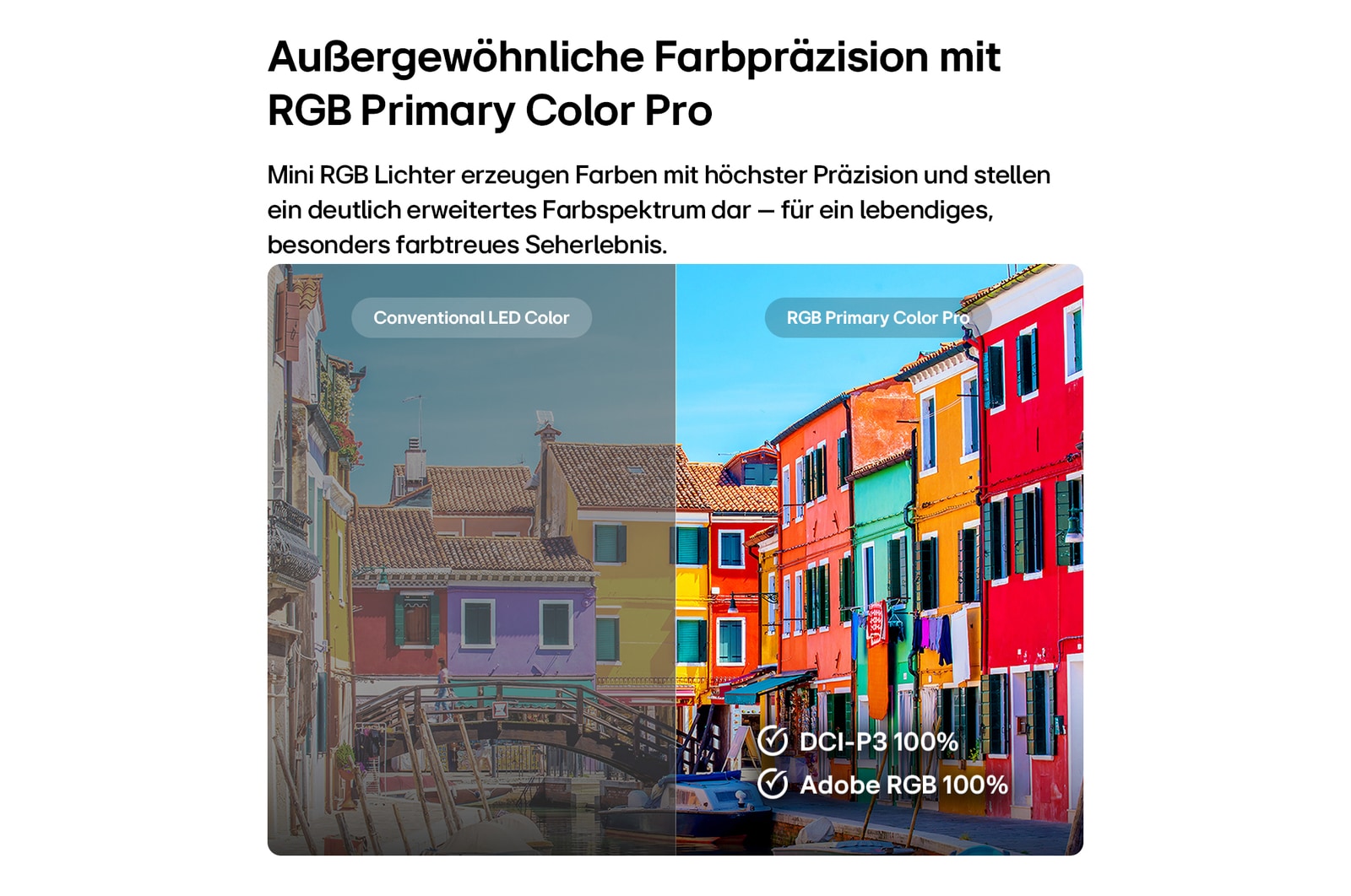 RGB Primary Color Pro, das im LG Mini RGB evo AI MRGB85 verwendet wird, verfügt über ein geteiltes Bild, das herkömmliche LED-Farben auf der linken Seite mit helleren, satteren Gebäuden auf der rechten Seite vergleicht und dabei die 100 % DCI-P3- und Adobe-RGB-Abdeckung hervorhebt.