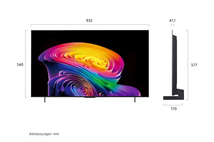 Der LG OLED evo AI C6, gezeigt in Vorder- und Seitenansicht, verfügt über ein 42-Zoll-Display mit einer Bildschirmbreite von 932 mm, einer Gesamthöhe von 540 mm und einer ultraschlanken Tiefe von 41,1 mm ohne Standfuß.