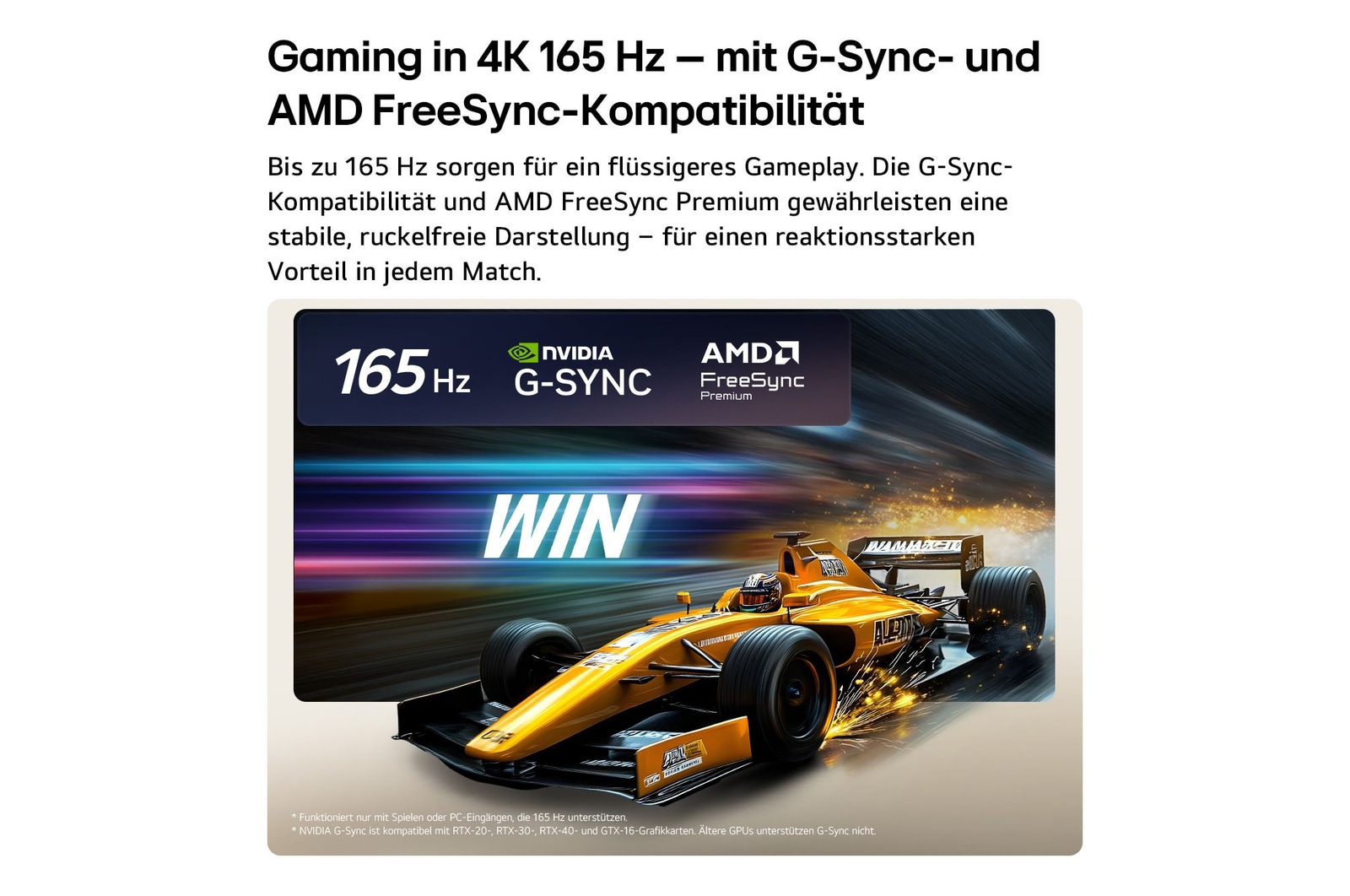 Der LG OLED evo AI C6 für unschlagbares Gameplay in 4K 165 Hz zeigt ein High-Speed-Rennspiel mit einem gelben offenen Auto in Bewegung, fettem „WIN“-Text auf dem Bildschirm und NVIDIA G-SYNC- und AMD FreeSync Premium-Logos oben.