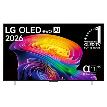 Die Vorderansicht des LG OLED evo AI C6. Auf dem Bildschirm ist ein lebhafter, plastischer Wirbel aus geschichteten Regenbogentönen zu sehen.
