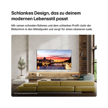 Der LG OLED evo AI C6, wandmontiert in einem stilvollen Wohnraum, bietet ein ultraschlankes Design mit schmalen Rändern. Auf dem Bildschirm ist eine Stadtlandschaft am Fluss bei Sonnenuntergang zu sehen.