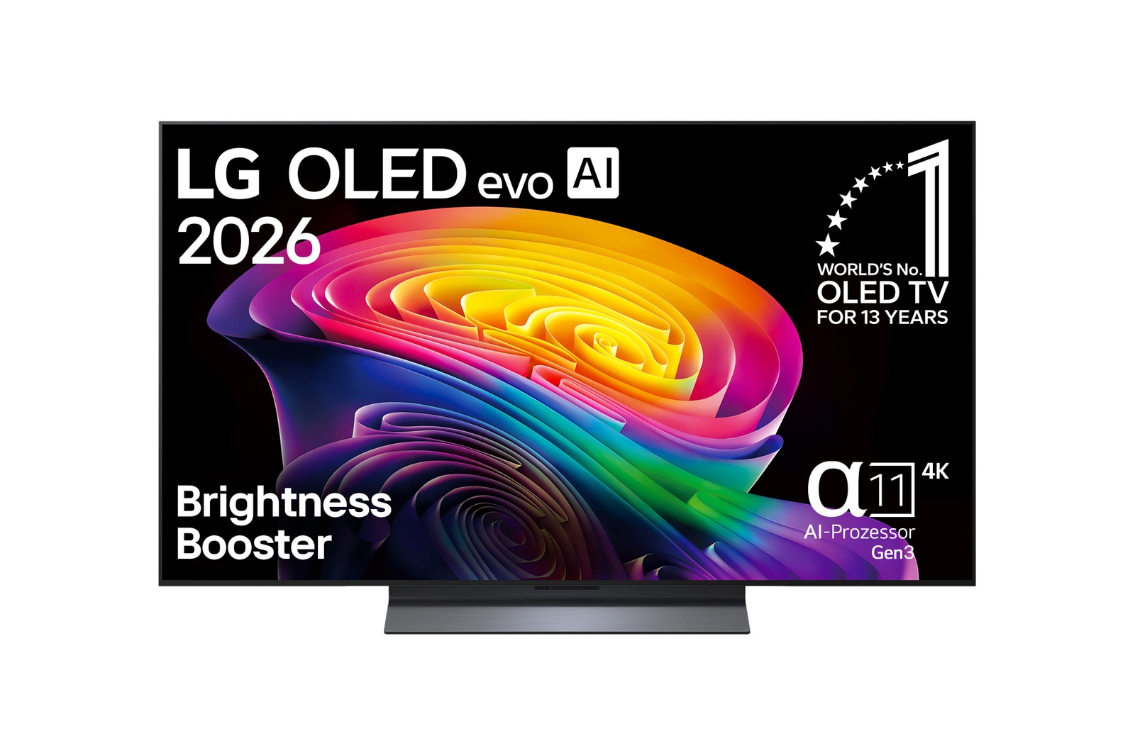 Die Vorderansicht des LG OLED evo AI C6 zeigt ein Bild aus vielschichtigen, bunten Formen mit perfektem Schwarz und perfekten Farben sowie dem Emblem „World'S No. 1 OLED TV for 13 years“.