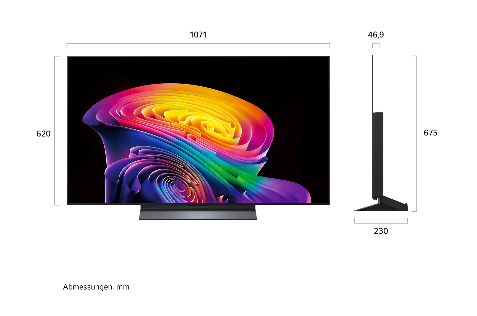 Der LG OLED evo AI C6, gezeigt in Vorder- und Seitenansicht, verfügt über ein 55-Zoll-Display mit einer Bildschirmbreite von 1222 mm, einer Gesamthöhe von 703 mm und einer ultraschlanken Tiefe von 45,1 mm ohne Standfuß.