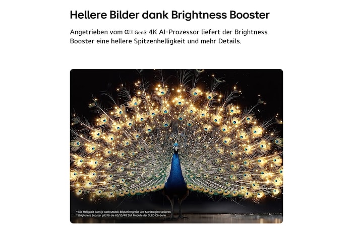 Der LG OLED evo AI C6 mit Brightness Booster zeigt eine dunkle Szene, in der ein prächtig beleuchteter Pfau sein strahlendes, leuchtendes Gefieder entfaltet, und liefert hellere Highlights mit verbesserten Details und beeindruckendem Kontrast.