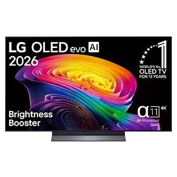 Die Vorderansicht des LG OLED evo AI C6 zeigt ein Bild aus vielschichtigen, bunten Formen mit perfektem Schwarz und perfekten Farben sowie dem Emblem „World'S No. 1 OLED TV for 13 years“.