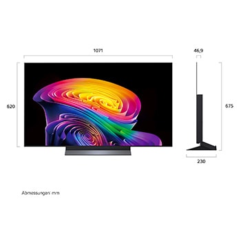 Der LG OLED evo AI C6, gezeigt in Vorder- und Seitenansicht, verfügt über ein 55-Zoll-Display mit einer Bildschirmbreite von 1222 mm, einer Gesamthöhe von 703 mm und einer ultraschlanken Tiefe von 45,1 mm ohne Standfuß.