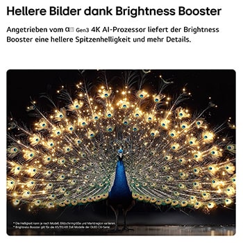 Der LG OLED evo AI C6 mit Brightness Booster zeigt eine dunkle Szene, in der ein prächtig beleuchteter Pfau sein strahlendes, leuchtendes Gefieder entfaltet, und liefert hellere Highlights mit verbesserten Details und beeindruckendem Kontrast.