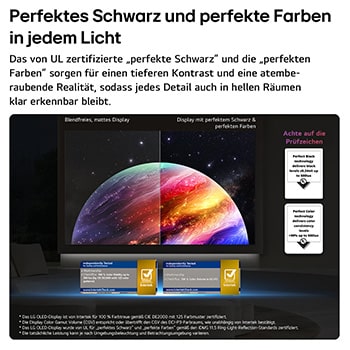 Der LG OLED evo AI C6 zeigt einen geteilten Bildschirm mit Planeten und Sternen und einer Gegenüberstellung eines matten Displays mit Anti-glare und der Anzeige mit perfektem Schwarz und perfekten Farben, die bei jedem Licht eine klarere Bildqualität bietet. Unterstützt wird sie durch UL-Zertifizierung und Intertek-Zertifizierungen für Farbvolumen und Farbtreue.