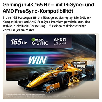 Der LG OLED evo AI C6 für unschlagbares Gameplay in 4K 165 Hz zeigt ein High-Speed-Rennspiel mit einem gelben offenen Auto in Bewegung, fettem „WIN“-Text auf dem Bildschirm und NVIDIA G-SYNC- und AMD FreeSync Premium-Logos oben.