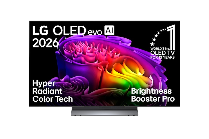 Die Vorderansicht des LG OLED evo AI G6 mit bunten Formen mit Hyper Radiant Color Tech, perfektem Schwarz und perfekter Farbe sowie dem Emblem „World's No. 1 OLED TV for 13 years“.