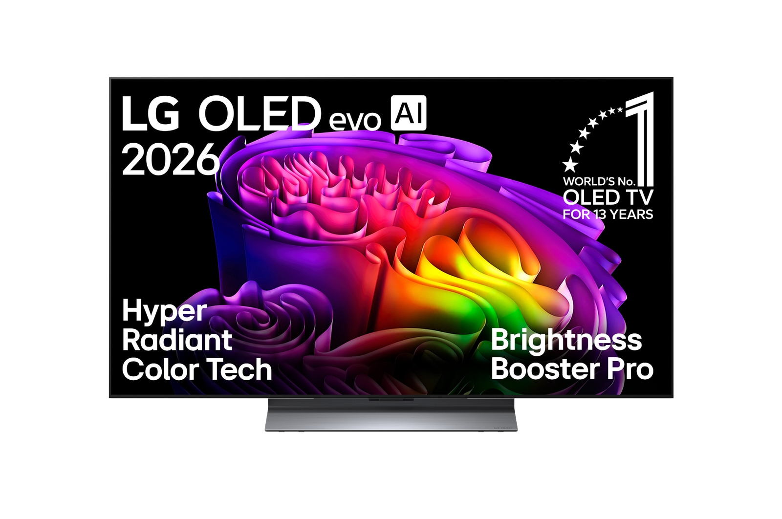 Die Vorderansicht des LG OLED evo AI G6 mit bunten Formen mit Hyper Radiant Color Tech, perfektem Schwarz und perfekter Farbe sowie dem Emblem „World's No. 1 OLED TV for 13 years“.