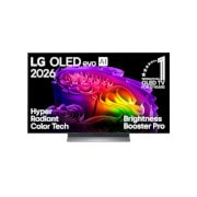 Die Vorderansicht des LG OLED evo AI G6 mit bunten Formen mit Hyper Radiant Color Tech, perfektem Schwarz und perfekter Farbe sowie dem Emblem „World's No. 1 OLED TV for 13 years“.