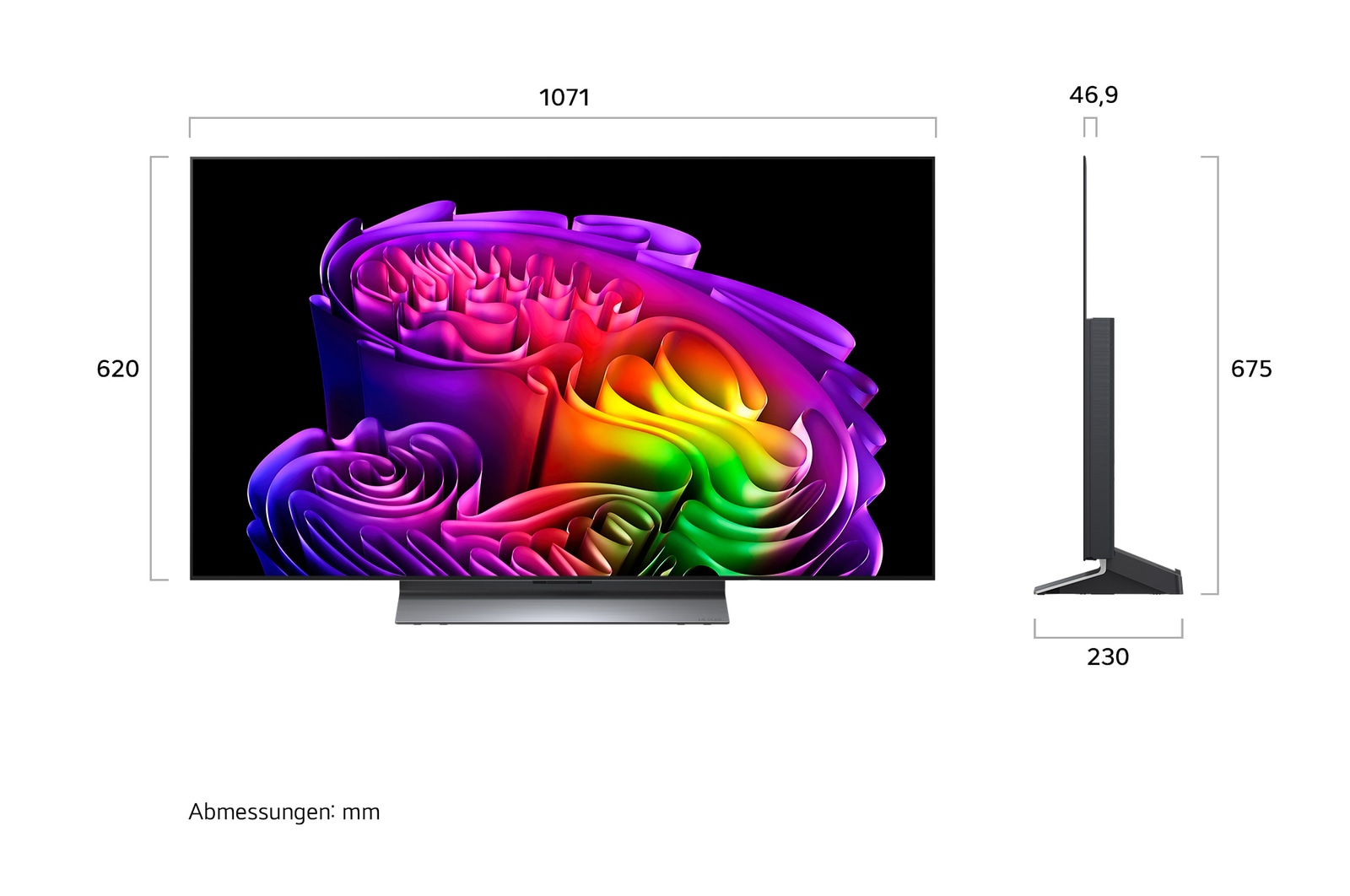 Der LG OLED evo AI G6, der in Vorder- und Seitenansicht gezeigt wird, verfügt über ein 97-Zoll-Display mit einer Bildschirmbreite von 2155 mm, einer Gesamthöhe von 1230 mm und einer ultraschlanken Tiefe von 28,2 mm ohne Standfuß.