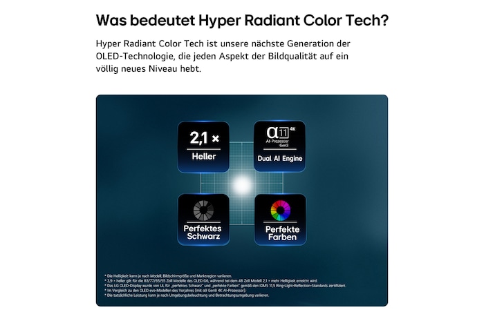 Der LG OLED evo AI G6 mit Brightness Booster zeigt eine dunkle Szene, in der ein prächtig beleuchteter Pfau sein strahlendes, leuchtendes Gefieder entfaltet, und liefert hellere Highlights mit verbesserten Details und beeindruckendem Kontrast.