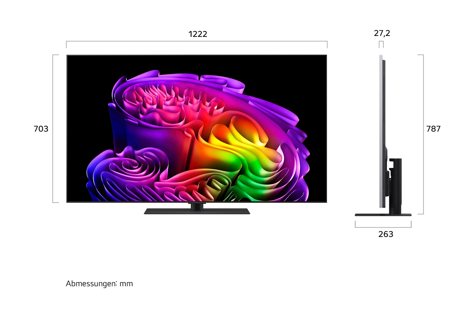 Der LG OLED evo AI G6, der in Vorder- und Seitenansicht gezeigt wird, verfügt über ein 97-Zoll-Display mit einer Bildschirmbreite von 2155 mm, einer Gesamthöhe von 1230 mm und einer ultraschlanken Tiefe von 28,2 mm ohne Standfuß.