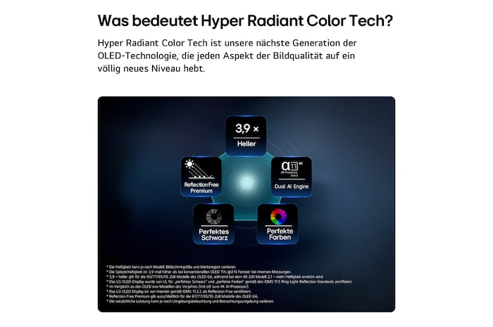 Der LG OLED evo AI G6 mit Brightness Booster zeigt eine dunkle Szene, in der ein prächtig beleuchteter Pfau sein strahlendes, leuchtendes Gefieder entfaltet, und liefert hellere Highlights mit verbesserten Details und beeindruckendem Kontrast.