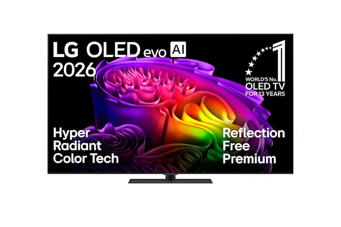Die Vorderansicht des LG OLED evo AI G6 mit bunten Formen mit Hyper Radiant Color Tech, perfektem Schwarz und perfekter Farbe sowie dem Emblem „World's No. 1 OLED TV for 13 years“.