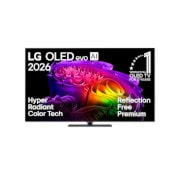 Die Vorderansicht des LG OLED evo AI G6 mit bunten Formen mit Hyper Radiant Color Tech, perfektem Schwarz und perfekter Farbe sowie dem Emblem „World's No. 1 OLED TV for 13 years“.