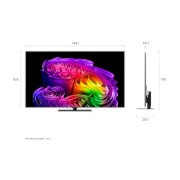 Der LG OLED evo AI G6, der in Vorder- und Seitenansicht gezeigt wird, verfügt über ein 97-Zoll-Display mit einer Bildschirmbreite von 2155 mm, einer Gesamthöhe von 1230 mm und einer ultraschlanken Tiefe von 28,2 mm ohne Standfuß.