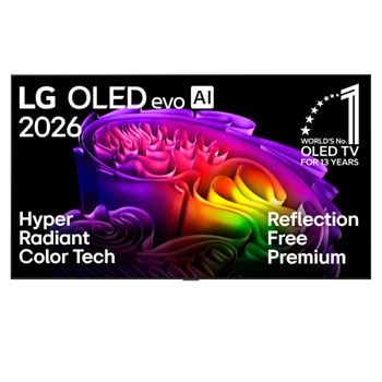 Die Vorderansicht des LG OLED evo AI G6 mit bunten Formen mit Hyper Radiant Color Tech, perfektem Schwarz und perfekter Farbe sowie dem Emblem „World's No. 1 OLED TV for 13 years“.