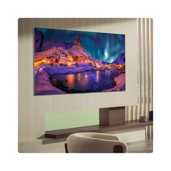 Der LG OLED evo AI G6 zeigt eine lebendige Sonnenuntergangsszene über dem Ozean, mit einer Soundbar und einem Lautsprecher unter dem Bildschirm, die einen ruhigen und stimmungsvollen Wohnbereich aufwerten.