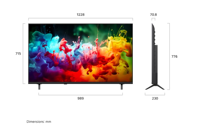 Ein LG QNED AI QNED70 Mini LED, gezeigt in Vorder- und Seitenansicht, verfügt über ein 85-Zoll-Display mit einer Bildschirmbreite von 1.890 mm, einer Bildschirmhöhe von 1.088 mm, einer Höhe von 1.148 mm mit Fuß, einer Profiltiefe von 72,4 mm und einer Standfläche von 1.565 x 362 mm.