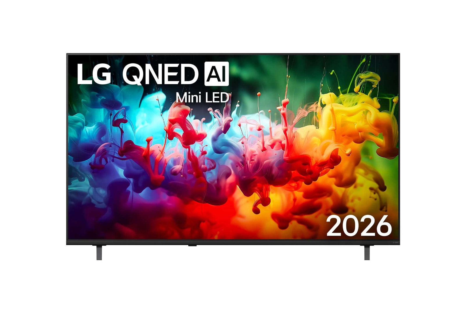 Die Vorderansicht des 2026 auf den Markt gebrachten LG QNED AI QNED70 Mini LED zeigt einen Bildschirm, der mit lebendigen, fließenden Spritzern mehrfarbiger Bewegung gefüllt ist, wobei sich fein geschichtete Farben sanft über das Display verteilen.