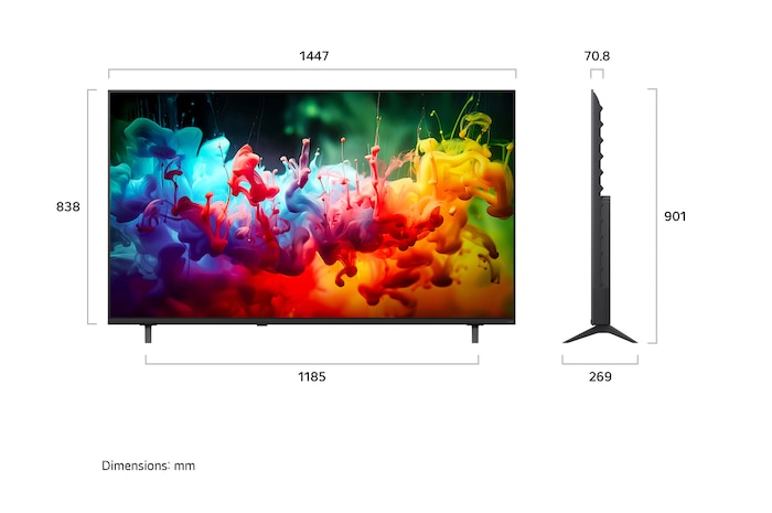 Ein LG QNED AI QNED70 Mini LED, gezeigt in Vorder- und Seitenansicht, verfügt über ein 85-Zoll-Display mit einer Bildschirmbreite von 1.890 mm, einer Bildschirmhöhe von 1.088 mm, einer Höhe von 1.148 mm mit Fuß, einer Profiltiefe von 72,4 mm und einer Standfläche von 1.565 x 362 mm.