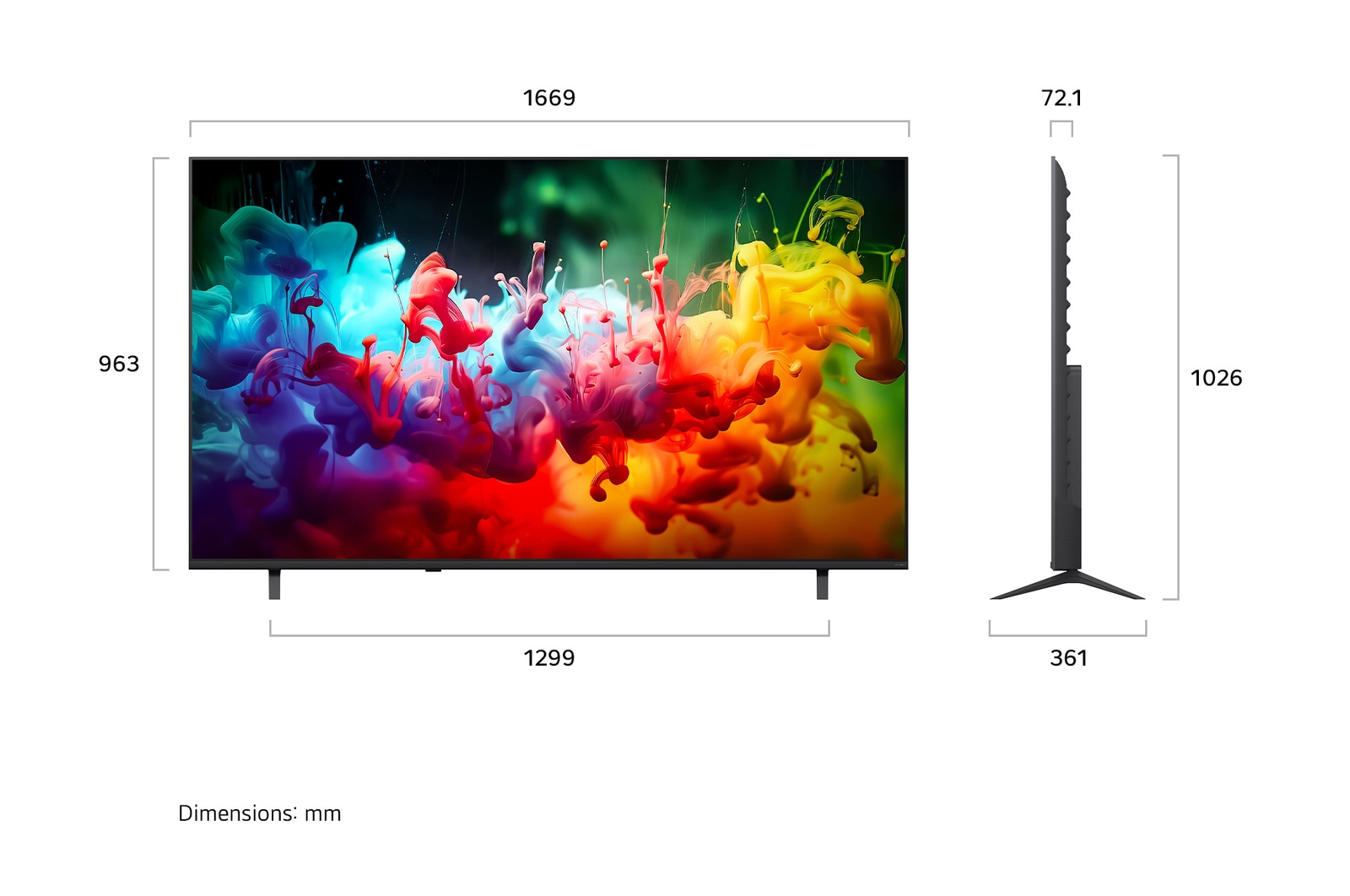 Ein LG QNED AI QNED70 Mini LED, gezeigt in Vorder- und Seitenansicht, verfügt über ein 85-Zoll-Display mit einer Bildschirmbreite von 1.890 mm, einer Bildschirmhöhe von 1.088 mm, einer Höhe von 1.148 mm mit Fuß, einer Profiltiefe von 72,4 mm und einer Standfläche von 1.565 x 362 mm.