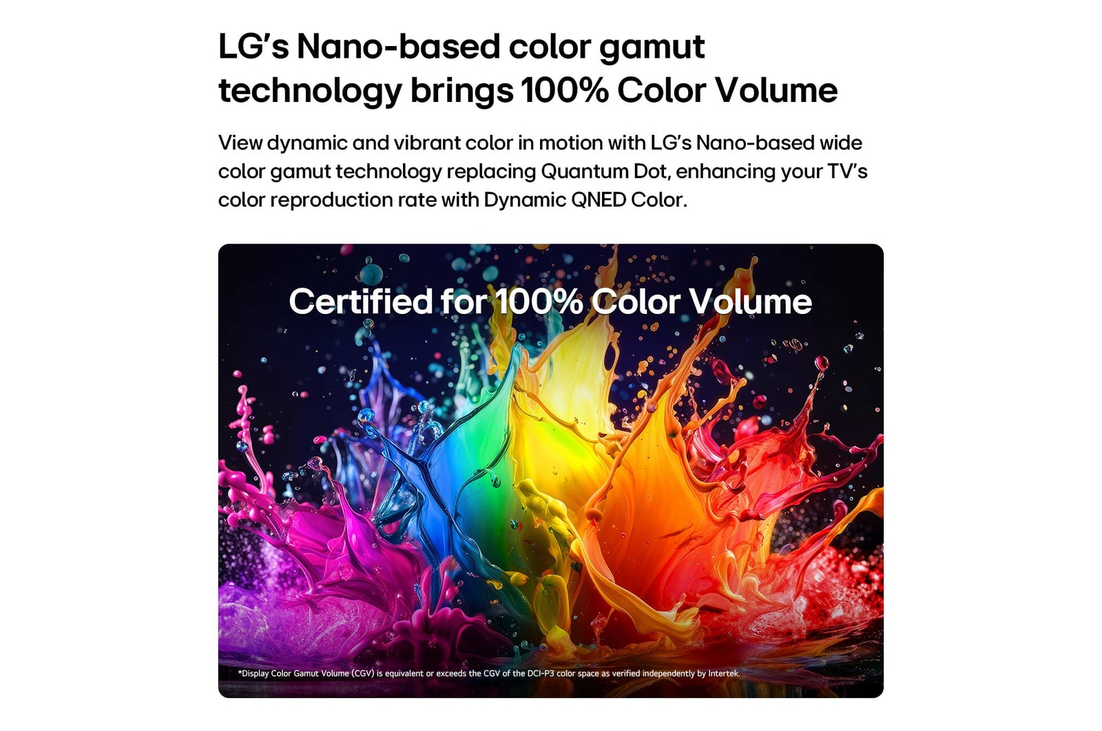 Ein LG QNED AI QNED70 Mini LED mit Dynamic QNED Color füllt den Bildschirm mit lebendigen, fließenden Spritzern in mehrfarbigen, wie gemalt erscheinenden Bewegungen und verdeutlicht so die weiterentwickelte Farbintensität mit Zertifikat „100% Color Volume“.