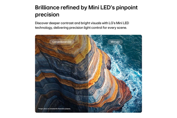 Ein LG QNED AI QNED70 Mini LED verdeutlicht anhand einer geteilten Küstenklippenszene, wie „Mini LED“ schärfere Felsstrukturen und klarere Meeresdetails als herkömmliche LEDs hervorbringt und tieferes Schwarz sowie verfeinerte Kontraste mit mehr Klarheit und Tiefe erzeugt.
