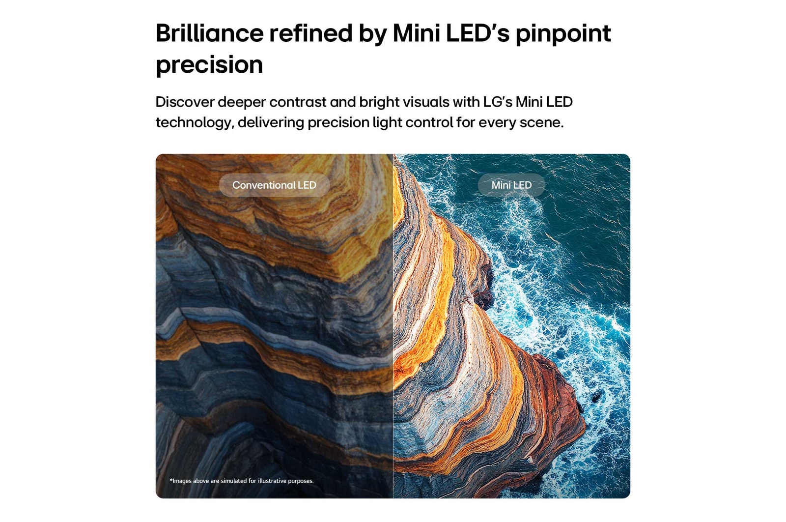 Ein LG QNED AI QNED70 Mini LED verdeutlicht anhand einer geteilten Küstenklippenszene, wie „Mini LED“ schärfere Felsstrukturen und klarere Meeresdetails als herkömmliche LEDs hervorbringt und tieferes Schwarz sowie verfeinerte Kontraste mit mehr Klarheit und Tiefe erzeugt.
