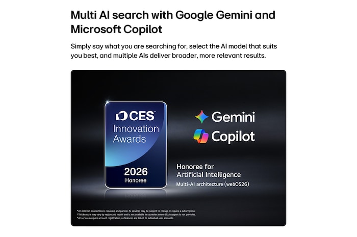 Das Emblem „CES Innovation Awards Honoree 2026“ in der Kategorie „Künstliche Intelligenz“ würdigt Multi AI Search mit Google Gemini und Microsoft Copilot.
