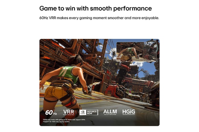 Ein LG QNED AI QNED70 Mini LED for Ultimate Gameplay zeigt eine schnelllebige Action-Game-Szene mit einem Vergleichsbild, um die flüssigere Bewegung hervorzuheben. Zudem werden bis zu 60Hz, VRR, AMD FreeSync, ALLM, HGiG und GeForce NOW unterstützt.