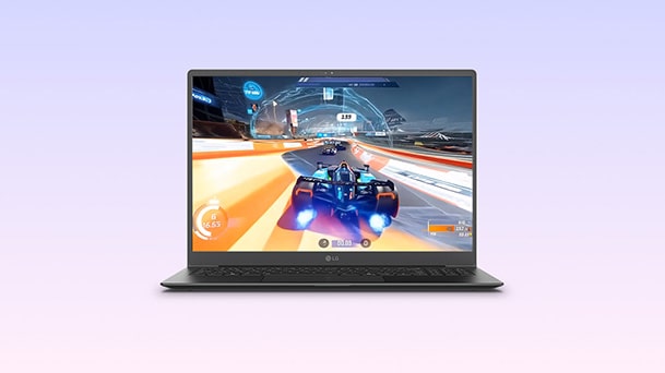 Cette image montre un ordinateur portable affichant un jeu de course rapide à l’écran, sur un arrière-plan dégradé doux, avec le texte « More games, more fun » (Plus de jeux, plus de plaisir), mettant en valeur la vaste bibliothèque de jeux de Windows.
