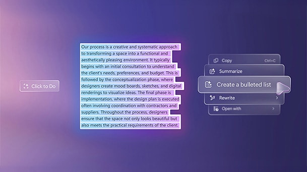 Cette image montre un bloc de texte surligné sur un arrière-plan dégradé avec un menu d’actions offrant des options telles que la copie, le résumé et la création d’une liste à puces, représentant visuellement les fonctionnalités de productivité en un clic.