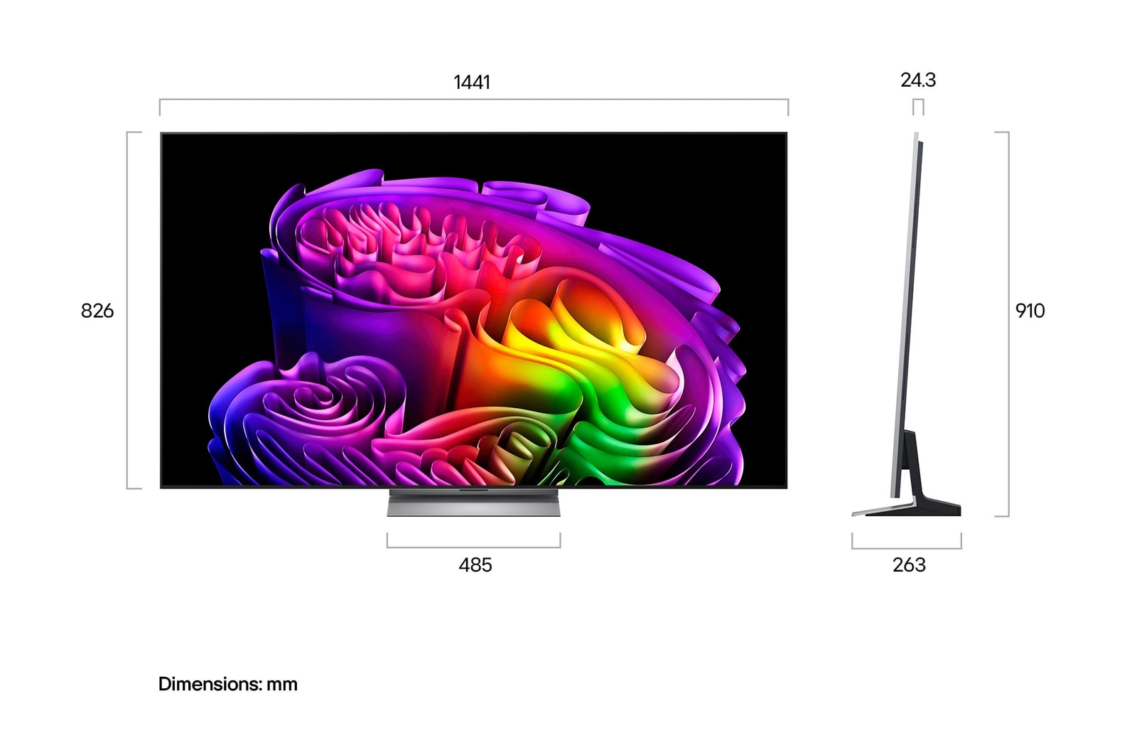 L’écran LG OLED evo AI G6 présenté en vue avant et latérale met en valeur un écran de 65 pouces avec un écran de 1 441 mm de large, une hauteur d’écran de 826 mm, une hauteur de 910 mm avec pied, une profondeur de 24,3 mm et un encombrement au sol de 485 x 263 mm.