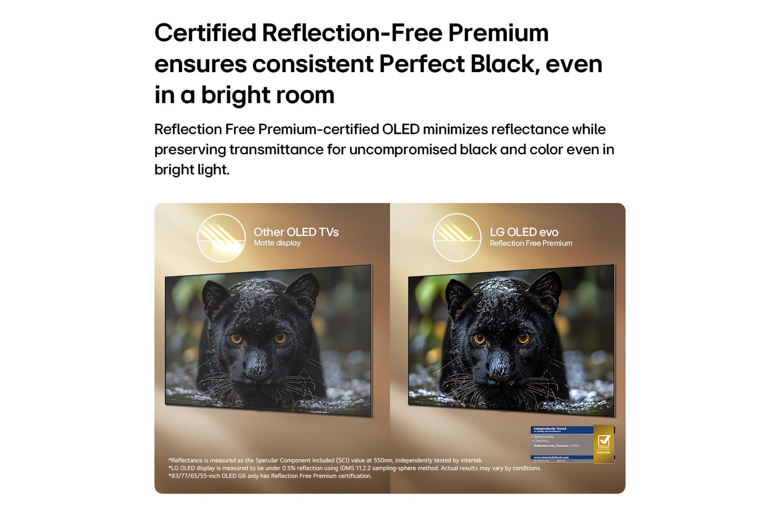 La LG OLED evo AI G6 avec Reflection Free Premium montre une comparaison côte à côte avec un écran mat anti-glare, maintenant l’image de jaguar noir claire avec des noirs profonds et une texture fine, en particulier dans les environnements lumineux, avec une marque de certification Intertek affichée.