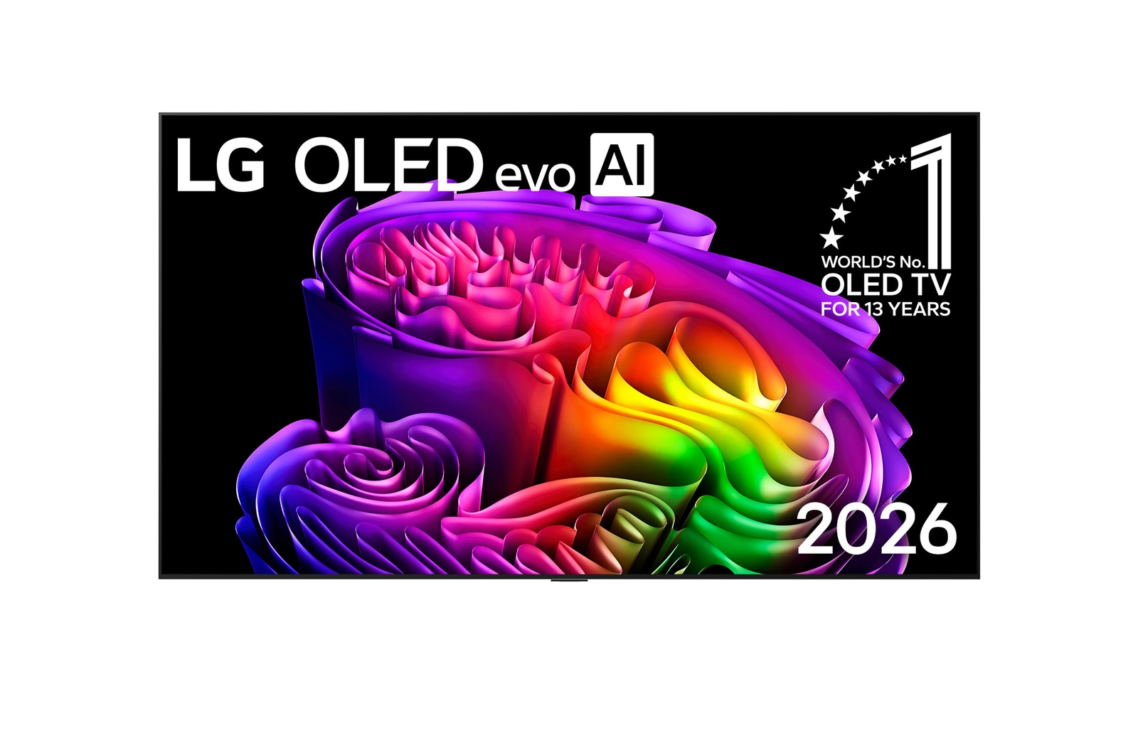 La vue avant de la LG OLED evo AI G6, lancée en 2026, présente un cadre fin noir, avec une image éclatante et sculpturale de formes multicolores richement superposées remplissant l’écran.