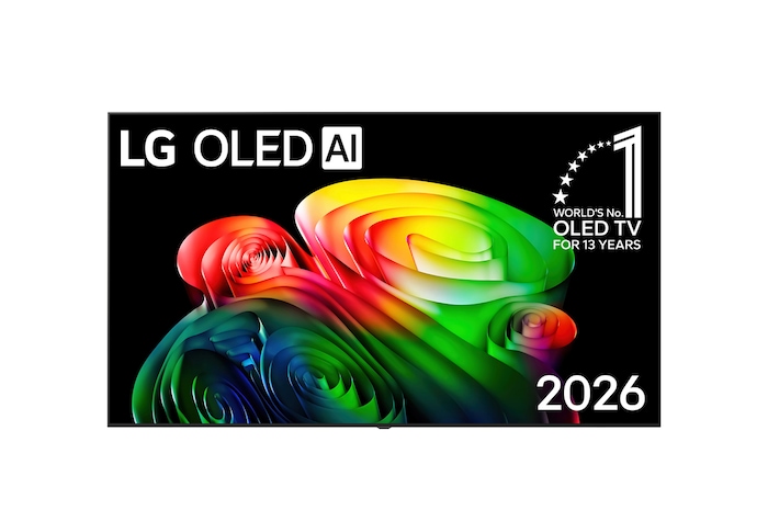 La vue avant de la LG OLED AI B6, lancée en 2026, présente un fin cadre noir, avec une image éclatante et sculpturale de formes multicolores richement superposées remplissant l’écran.