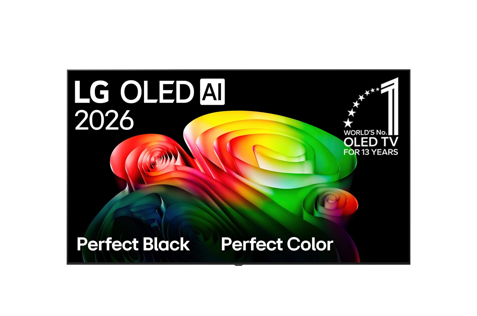 La vue avant de la LG OLED AI B6, lancée en 2026, affiche une image de formes multicolores superposées, avec le noir absolu et les couleurs fidèles, ainsi que le badge OLED TV n° 1 au monde pendant 13 ans.
